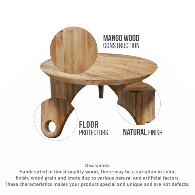 36 Inch Round Coffee Table, Handcrafted Grooved Edge Top, Natural Brown Mango Wood
