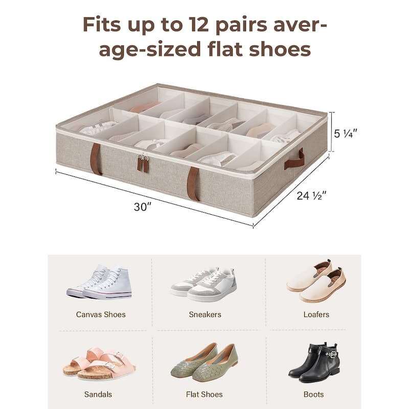 2-Pack Underbed Shoe Storage Organizer with Adjustable Dividers, 24 Pairs Fabric Shoe Storage Box - 30" W x 24.5" D x 5.25" H