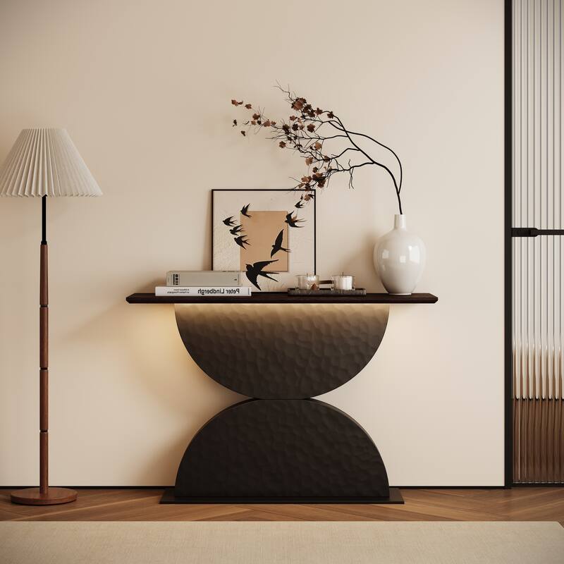Rossetta Neutral Design 2-Part Base Structure Double Semi-Circles Wood Console Table With Led Light - MDF - Walnut+Black