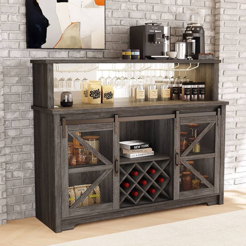 Gymojoy 16-Color LED Bar Cabinet with Wine Rack, White Kitchen Hutch for Coffee Bar & Dining Room, Farmhouse Storage Cabinet