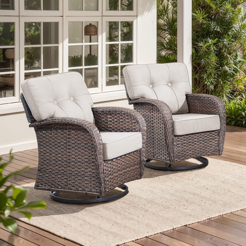 TWrap Brown Wicker Patio Swivel Glider Chairs with 5-Inch Thick Cushions (2-Pack)