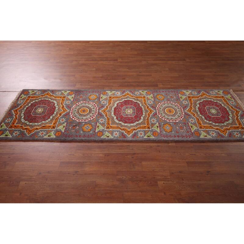 Geometric Kazak Oriental Runner Rug Handmade Wool Carpet - 2'6" X 7'11"