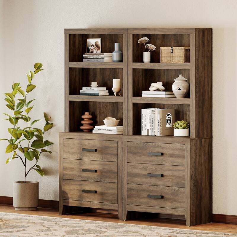 3-Tier Bookshelf with 3 Large Drawers, 74" Tall Farmhouse Bookcase with Wide Metal Handles, for Living Room, Office, Library - 62" Wide - Brown