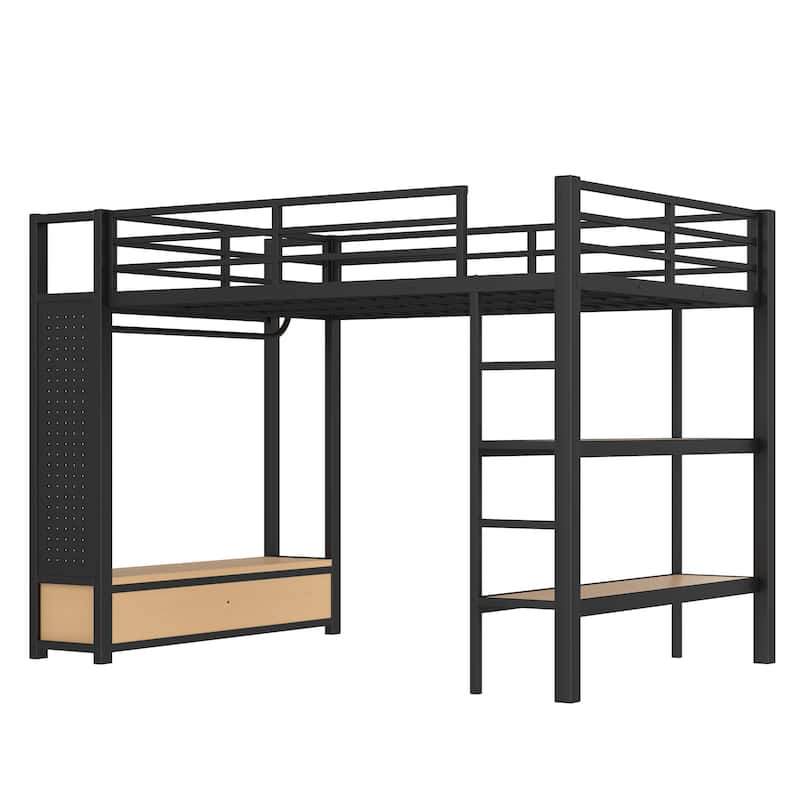 Modern Full Metal Loft Bed with Integrated Closet, Open Shelves, Pegboard and Storage Drawers, Safety Guardrails & Sturdy Ladder
