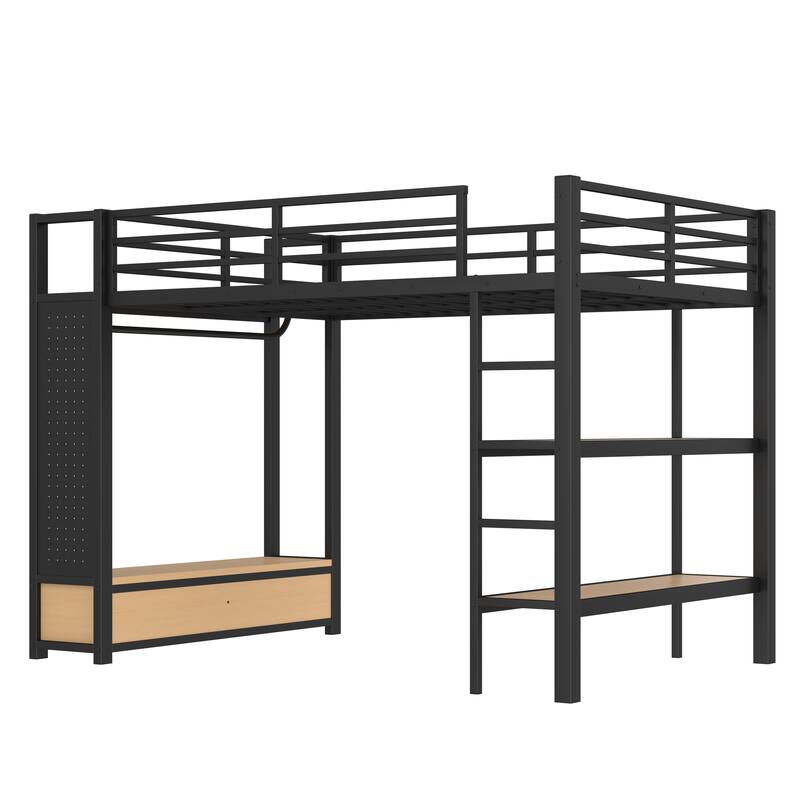 Roomfitters Full/Queen Size Metal Loft Bed Frame with Wardrobe, Storage Shelves & Pegboard, Space-Saving Functional Design