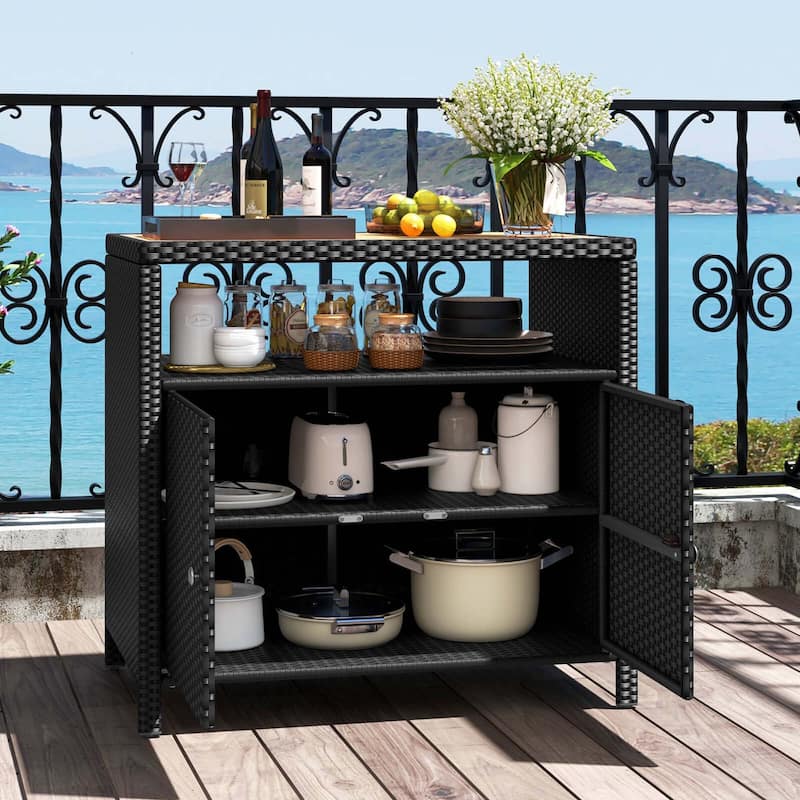 Costway Patio Rattan Storage Cabinet with Acacia Wood Countertop Open - See Details