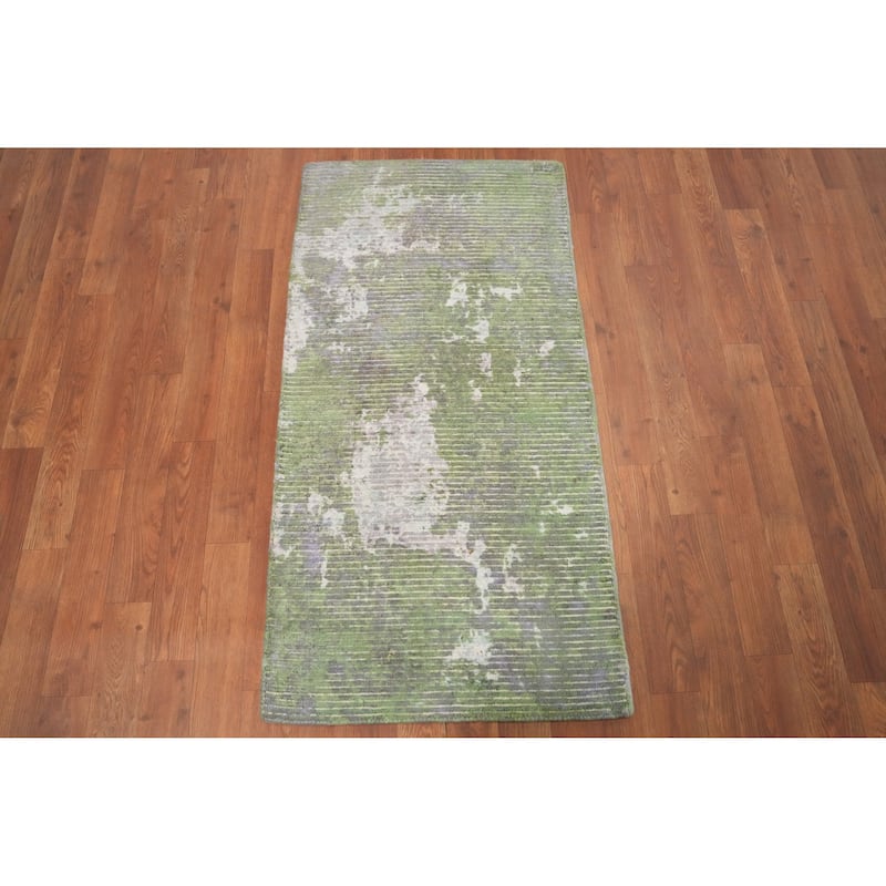 Hand Knotted Oriental Viscose Silk Carpet Modern All-Over Green Abstract Area Rug - 4' 0'' X 2' 0''