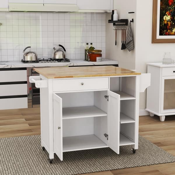 Double Door Kitchen Island with Storage Drawer and Three Open Shelves