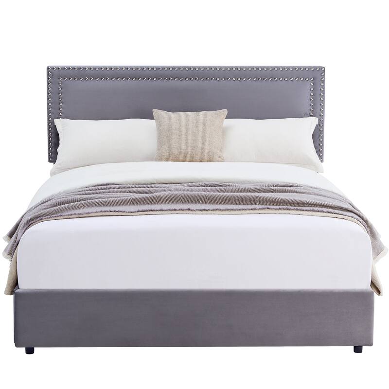 VECELO Upholstered Storage Bed Frames with 4 Storage Drawers, Platform Bed Frame with Adjustable Velvet Rivets Headboard