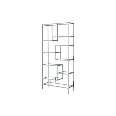 Bookshelf, Bookcase, Etagere, 72"h, Office, Bedroom, Clear Tempered Glass, Metal, Contemporary, Modern