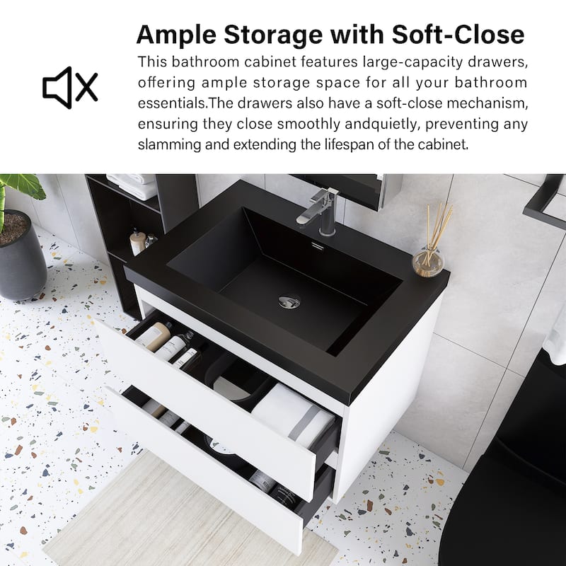 24/30/36 inch Wall-Mounted Bathroom Vanity Set in White with Integrated Black Resin Sink