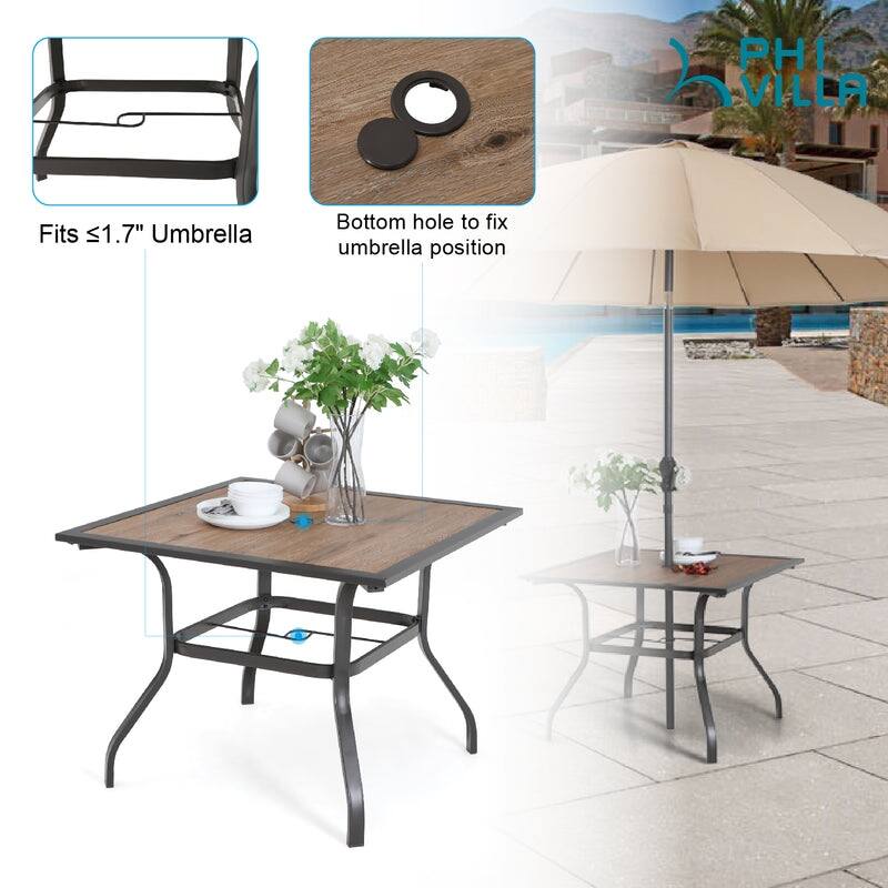 37" x 37" Outdoor Patio Wood-Like Square Dining Table with Metal Steel Frame and Umbrella Hole