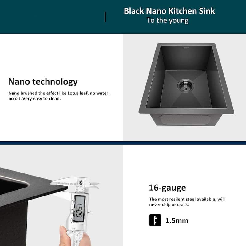 19" x 17" Stainless Steel Undermount Kitchen Sink with Black Coating