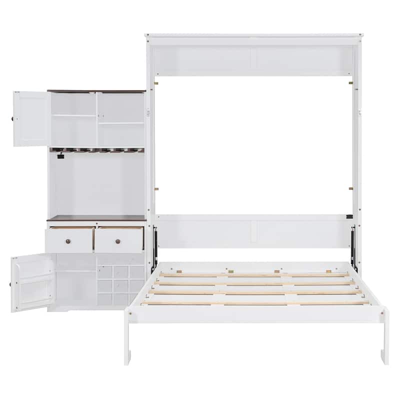 All-in-one Murphy Bed Queen Size Storage Bed Cabinet with Wine Rack, Glass Holder, Drawers, Open Shelves and LED Lights