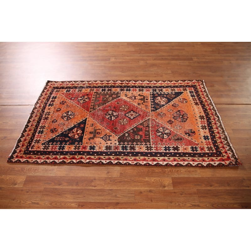 Vegetable Dye Animals Tribal Qashqai Persian Antique Rug - 3'3"x 5'6"