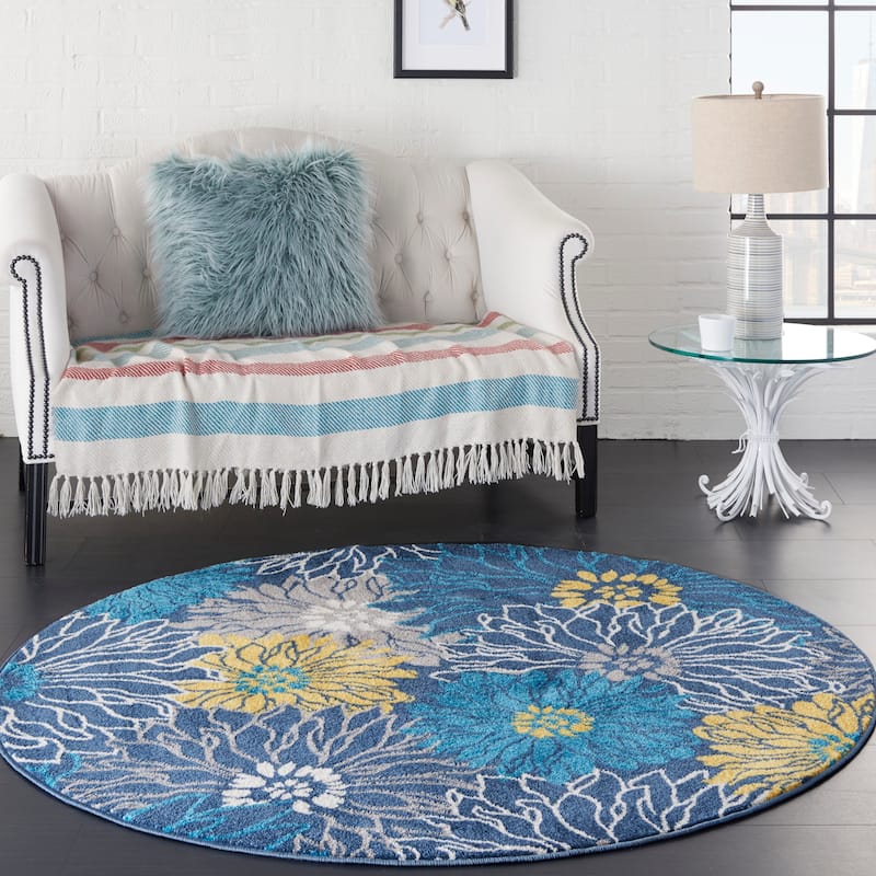 Nourison Passion Abstract Modern Floral Area Rug - 4' Round - Blue/Yellow