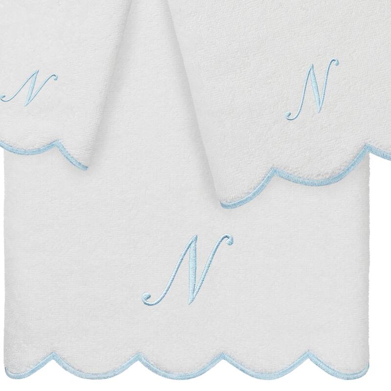 Authentic Hotel and Spa 100% Turkish Cotton Blue ADORNIA Scallop Personalized 3 Piece Towel Set - 3 Piece Set