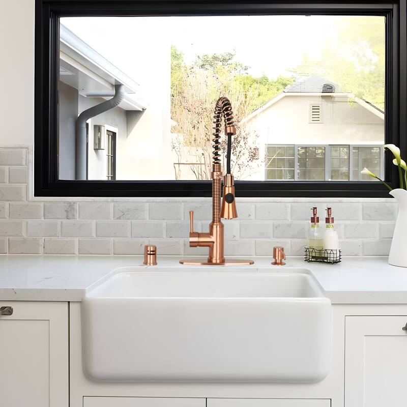 Copper Pre-Rinse Spring Kitchen Faucet, Single Level Solid Brass Kitchen Sink Faucets with Pull Down Sprayer - 8.9x20.2"