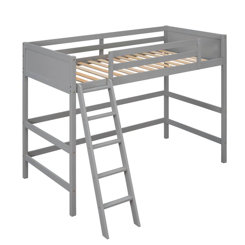 Wooden Loft Bed Twin Size, Solid Wood High Loft Bed Frame with Ladder & Safety Guardrail, Twin Kids Bed Frame for Boys Girls - Gray - Twin
