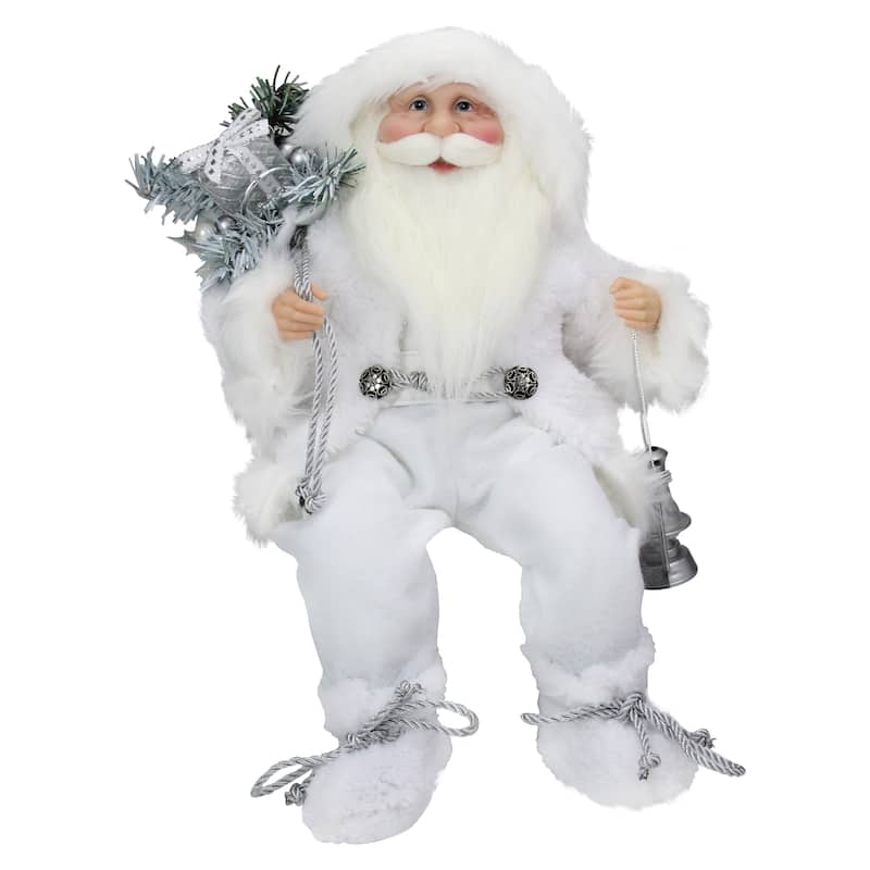16" White Frost Sitting Santa Claus Christmas Figure with Lantern