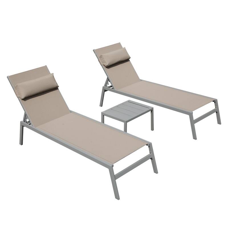 3 Piece Aluminum Patio Lounge Set ,Adjustable Chaise Chairs with Side Table - Tan
