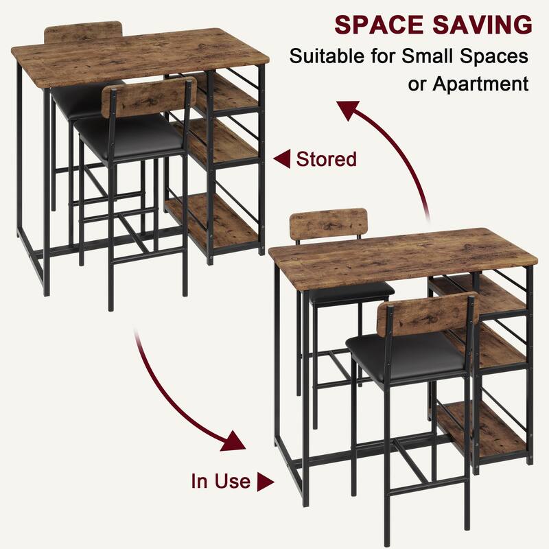 3 Piece Counter Height Bar Kitchen Table Set with 3 Storage Shelves for Apartment
