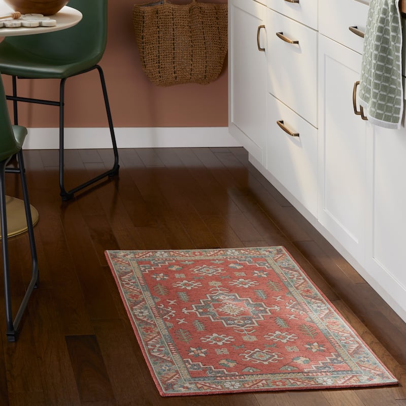 TOWN & COUNTRY LUXE Livie Forever Vintage Everwash Washable Non-Slip Backing Kitchen Mat - 2' x 3' 4" - Coral/Grey. - Rectangle