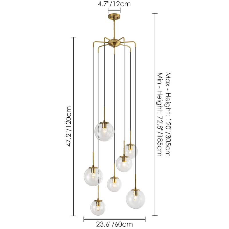 7-Light Modern Linear Cluster Gold Clear Glass Globe Bubble Chandelier Light for Stairways - 23.62 in. W x 47.24 in. H