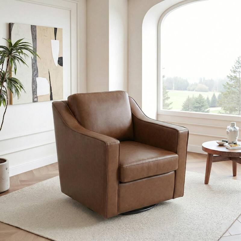 UIXE Chenille/Leather Swivel Barrel Chair Accent Chairs For Living Room - Faux Leather - Coffee