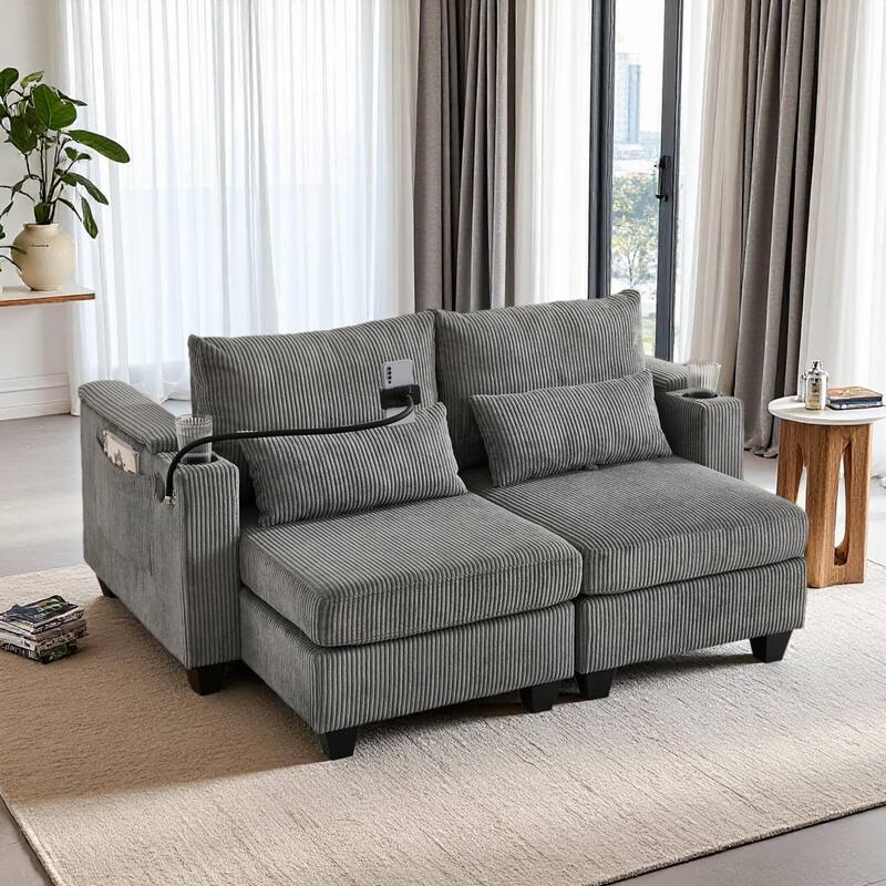 Convertible Chaise Lounge Loveseat with USB Ports, Cup Holders, Storage & Phone Mount - Grey