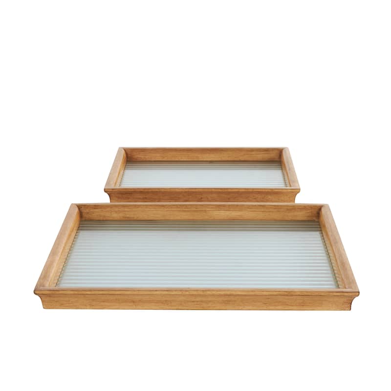 Brown Wood Nesting Living Room Decor Tray with Fluted Glass Bases (Set of 2)