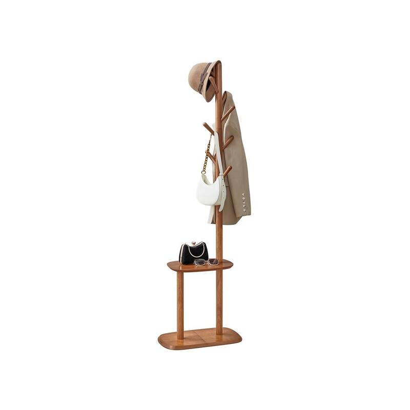 67.2" Tall Modern Wooden Coat Stand Hall Tree with Shelf and 8 Hanging Hooks for Entryway and Bedroom - Caramel Brown