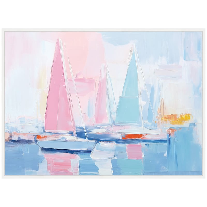 Kate and Laurel Sylvie Abstract Sailboat Harbor Landscape Pastel and Pops of Color Framed Canvas by The Creative Bunch Studio