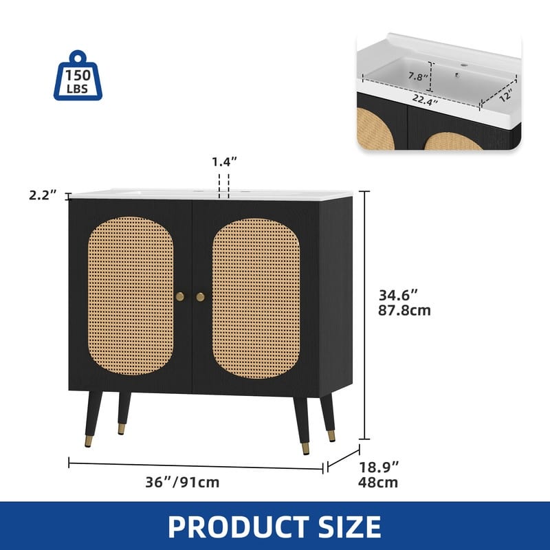 Moasis 24" Bathroom Vanity with Ceramic Sink, Rattan Double Door Cabinet and Drawer, Freestanding Solid Wood Legs