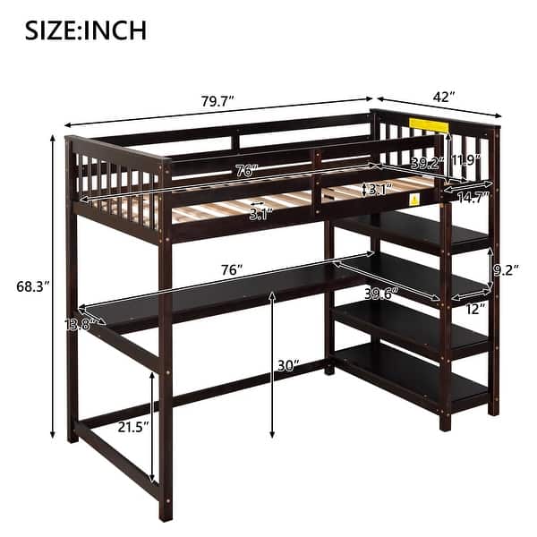 dimension image slide 5 of 6, Space-Saving Loft Bed with Storage Shelves and Desk, Solid Wood Loft Bed Frame with Ladder and Guardrail for Kids Teens Adults