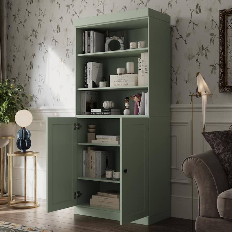 Solid Wood Tall Bookcase with Doors, Adjustable Shelves, Modular Storage, Open Display Bookshelf, 32" W x 71.5" H - Sage