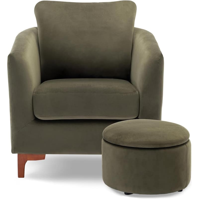 Sherpa Accent Chair with Storage Ottoman Set, Upholstered Barrel Club Arm Chair with Footrest Set of 1/2