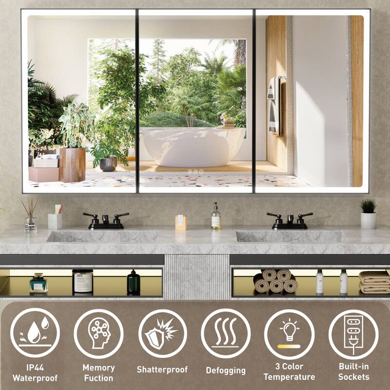 Grand Aluminum Medicine Cabinet with Mirror, Adjustable Shelves, Dimmable Light, Anti-Fog, Recessed or Wall Mount
