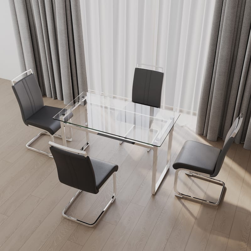 Modern 5-Piece Dining Set with Rectangular Glass Table & High Back Silver-Plated Legs Dining Armless Chairs