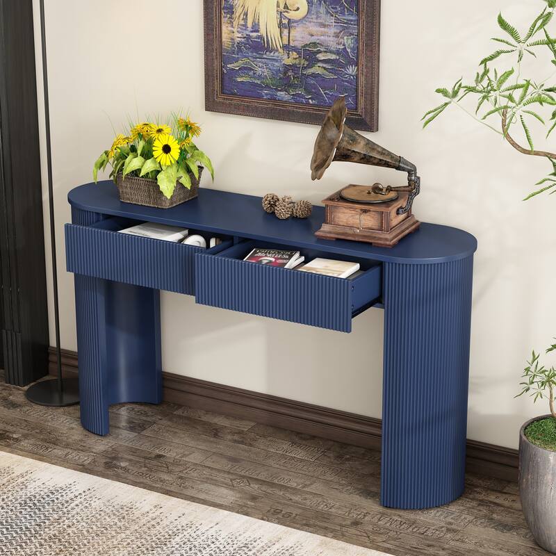 Console Table with Oval Top and Fluted Design, Sofa Tables with 2 Storage Drawers for Entryway Hallway Living Room