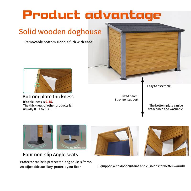 45" Winter Warm Outdoor Indoor Dog House, Made Of Solid Wood, Plastic Curtain, Insulation Mat