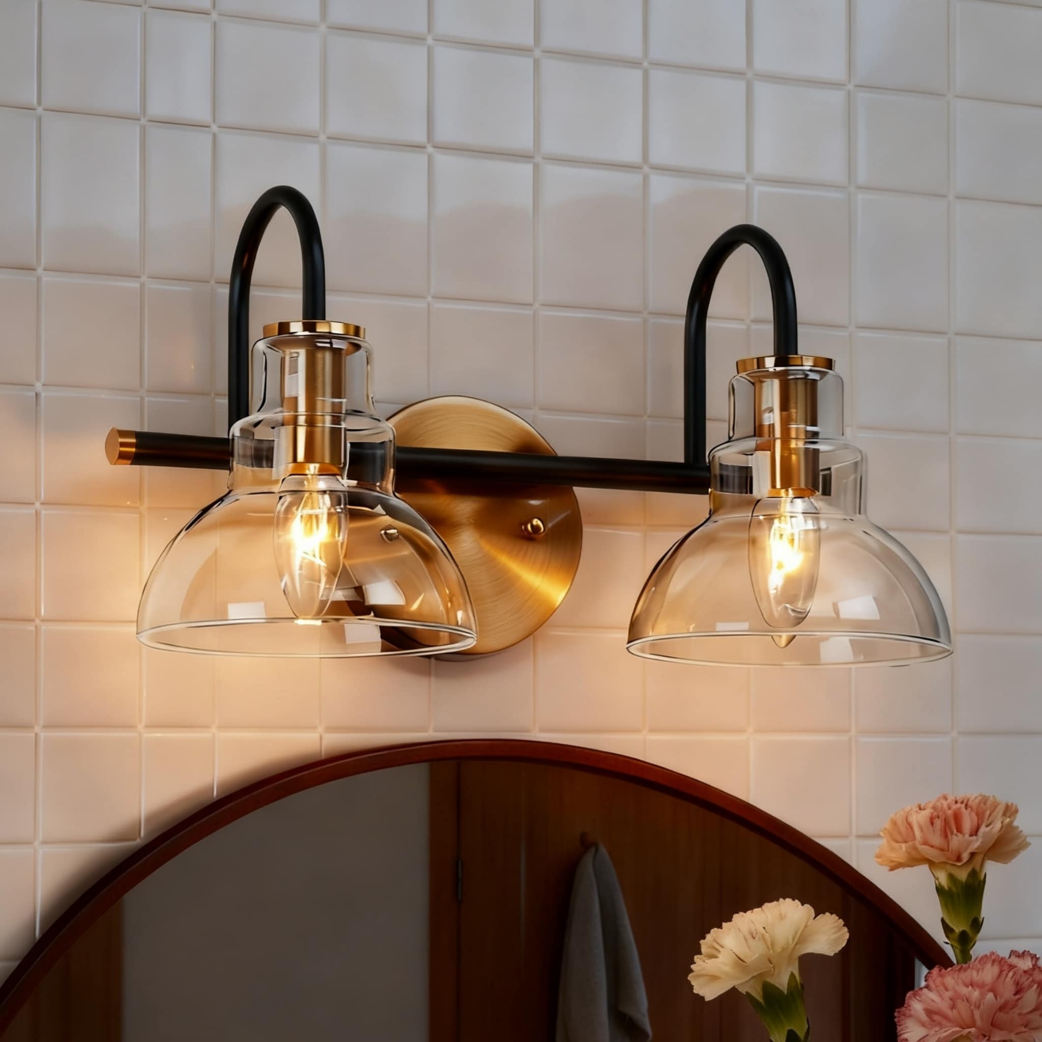 Modern Black Gold 2-Light Bathroom Vanity Light Wall Sconce with Clear Glass - 14.5" L x 7.5" W x 8" H