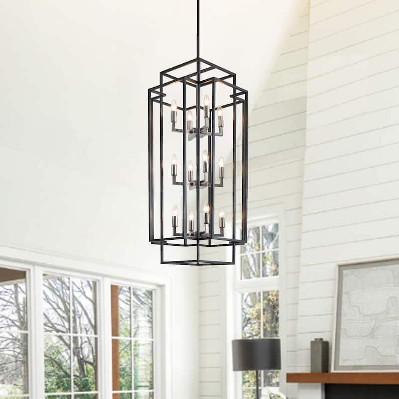 Luxury Modern Cage Tiered Chandelier -- 12-light - N/A - Black&Silver