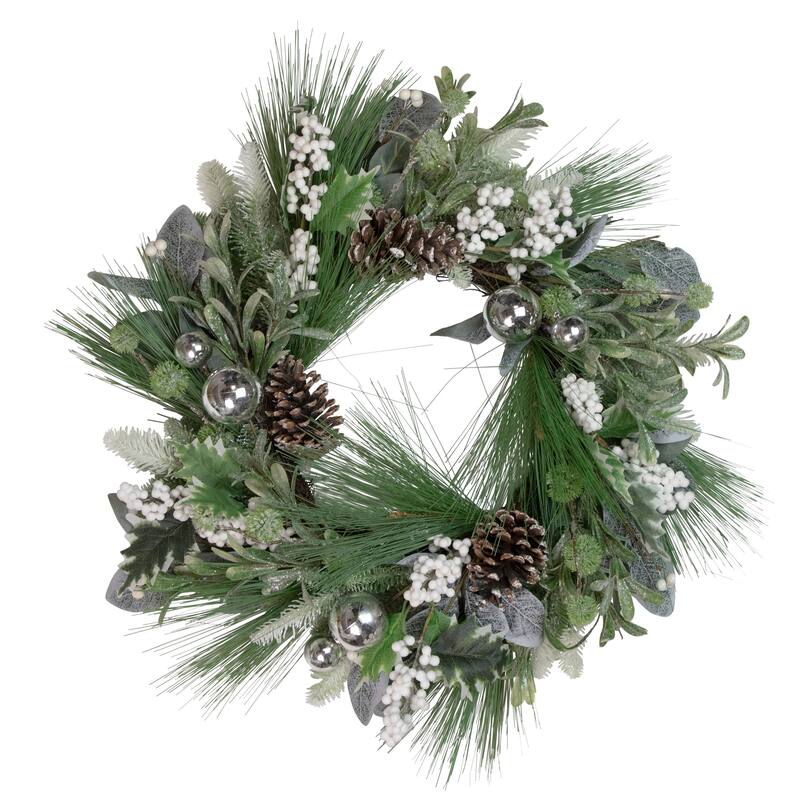 Artificial Christmas Wreath with Assorted Foliage Berries, 24", Unlit