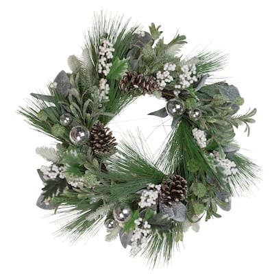 Artificial Christmas Wreath with Assorted Foliage and Berries 24-Inch Unlit - 24"