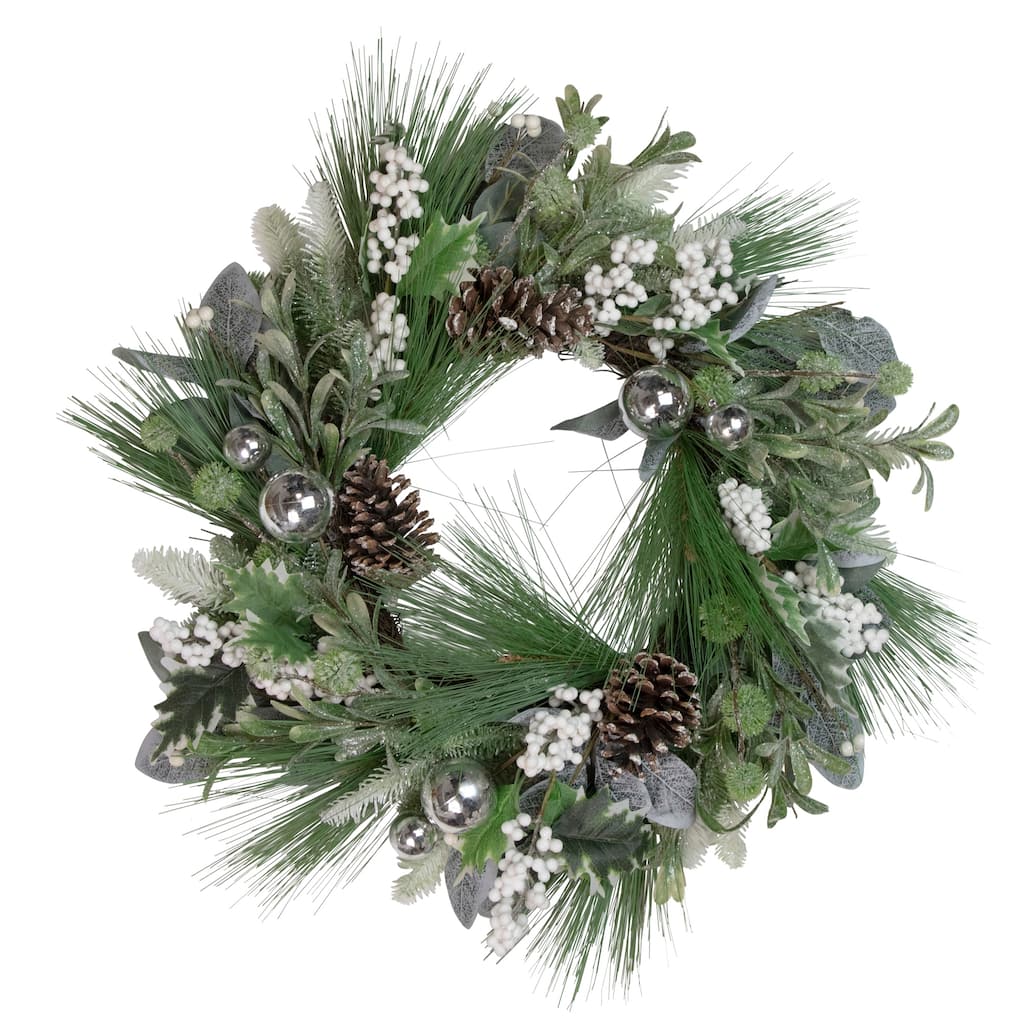 Artificial Christmas Wreath with Assorted Foliage and Berries 24-Inch Unlit - 24"