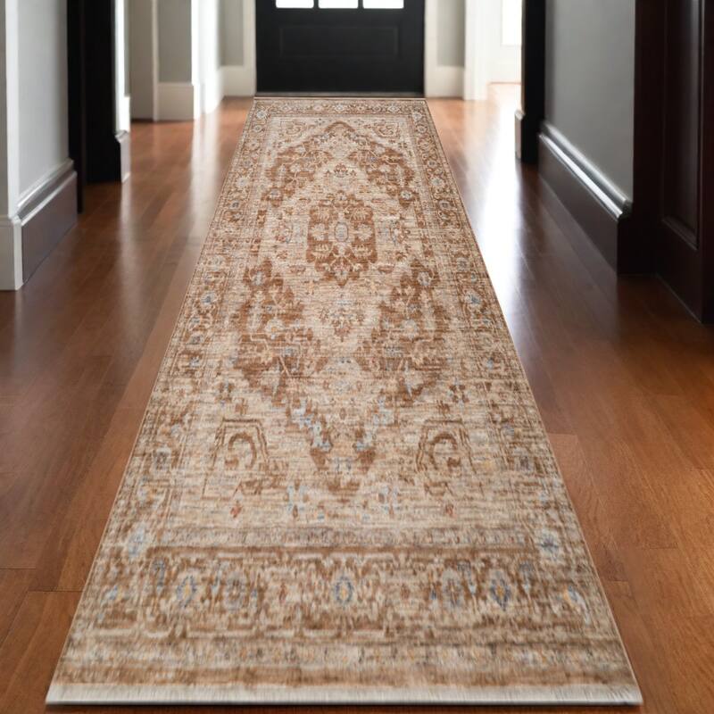 HomeRoots Floral Medallion Traditional Runner Area Rug - 120.00 in. x 30.00 in.  x 0.30 in.