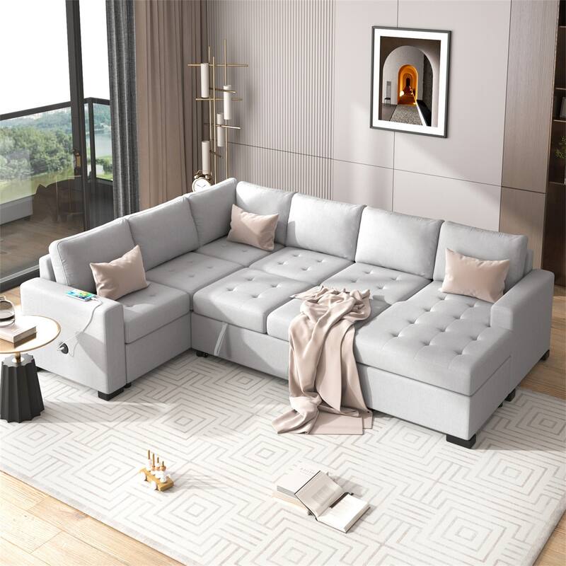 Modern L-Shaped Corner Living Room Combination Sofa with Ottoman, USB