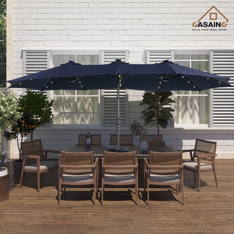 15-ft. Rectangular Crank Double-sided Outdoor Market Umbrella Solar LED Lighted Patio Umbrella with Base Included - Navy Blue