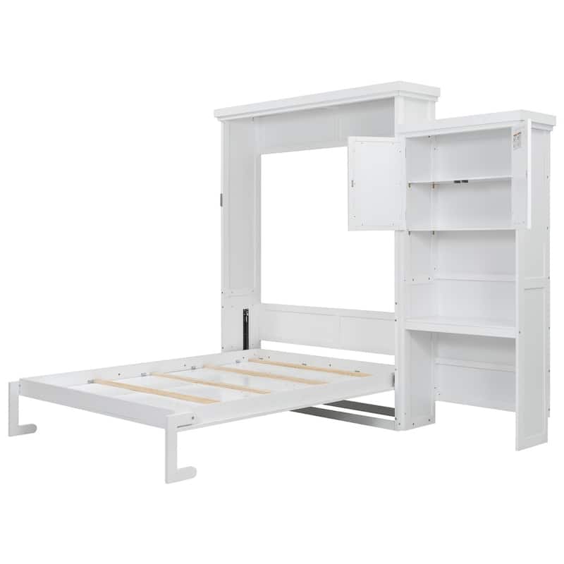 Classic Louvered Style Queen Size Murphy Bed with Storage Shelves